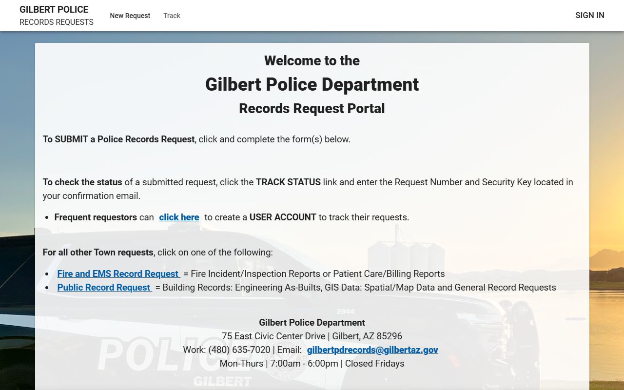 Gilbert Police JustFOIA portal for booking records