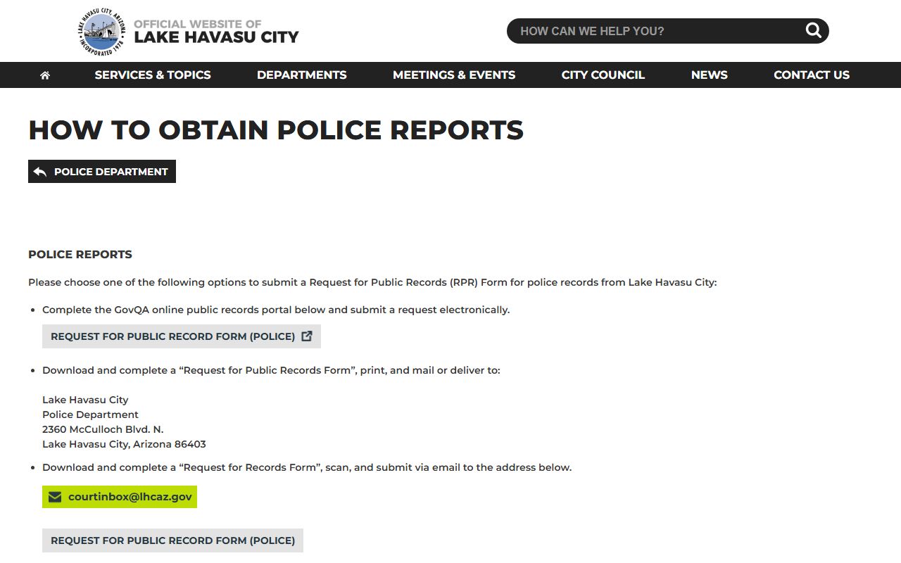 Lake Havasu City Police records page for booking info