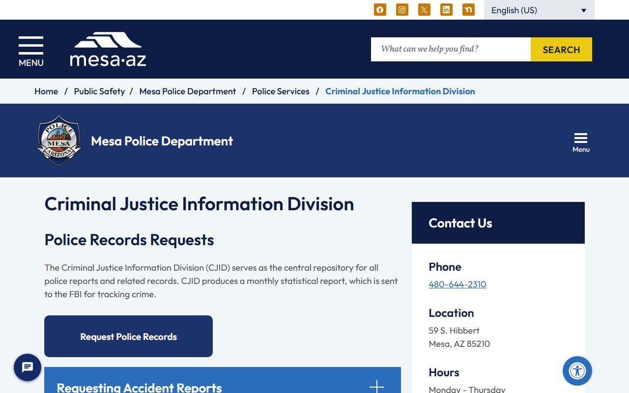 Mesa Police CJID records page for booking information