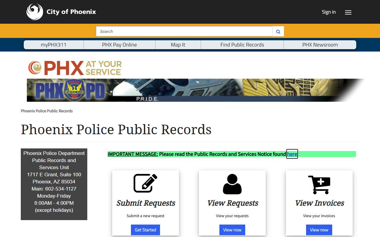 Phoenix Police public records portal for booking information