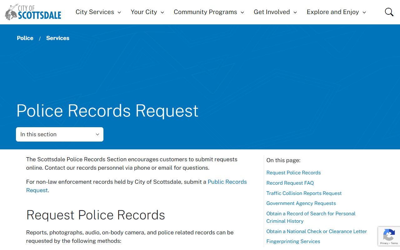 Scottsdale Police records request page for booking