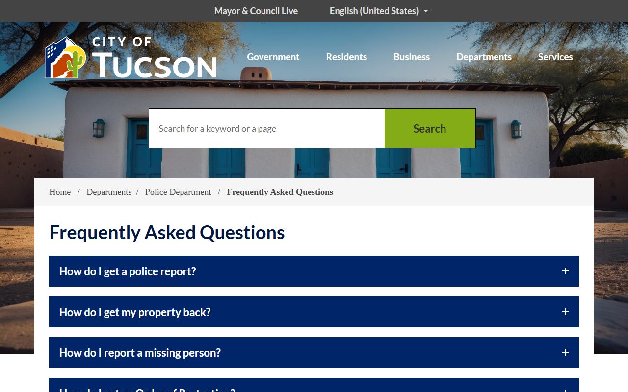 Tucson Police FAQ for records and booking questions
