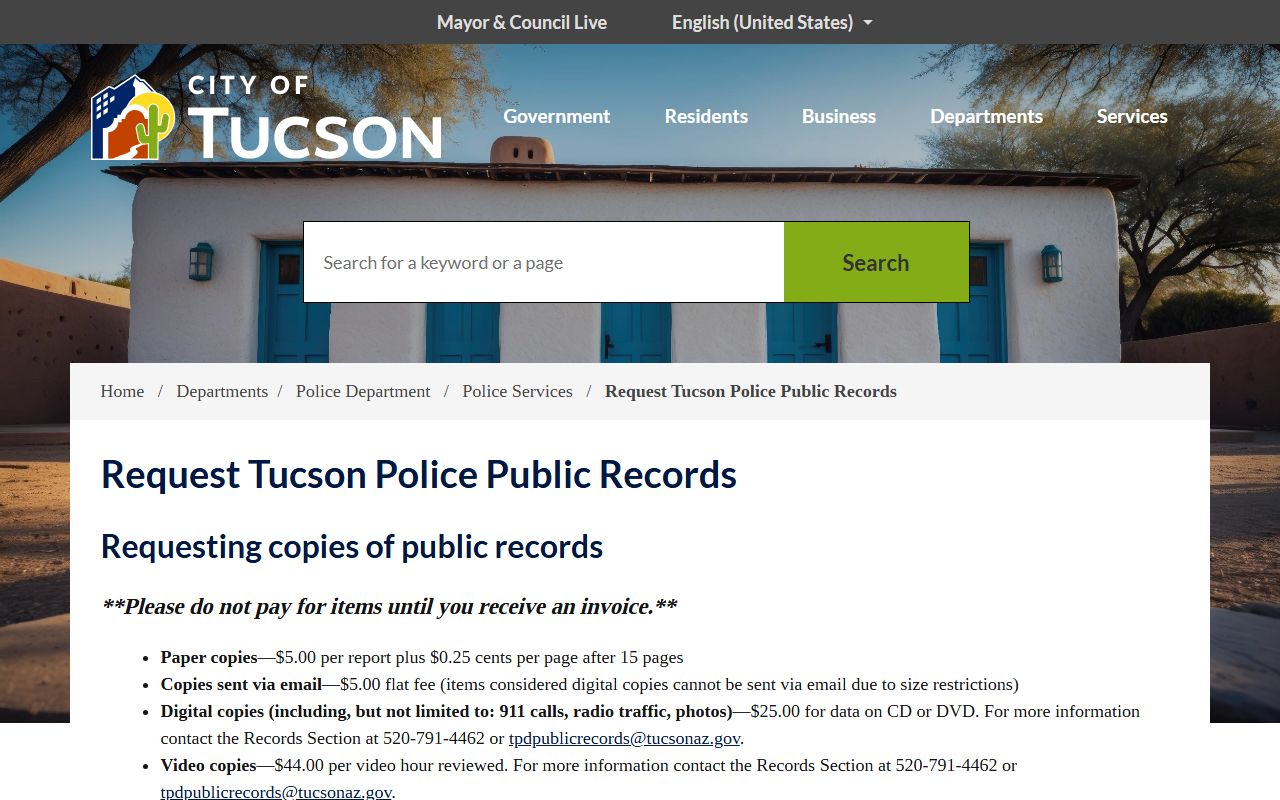 Tucson Police records request page for booking information