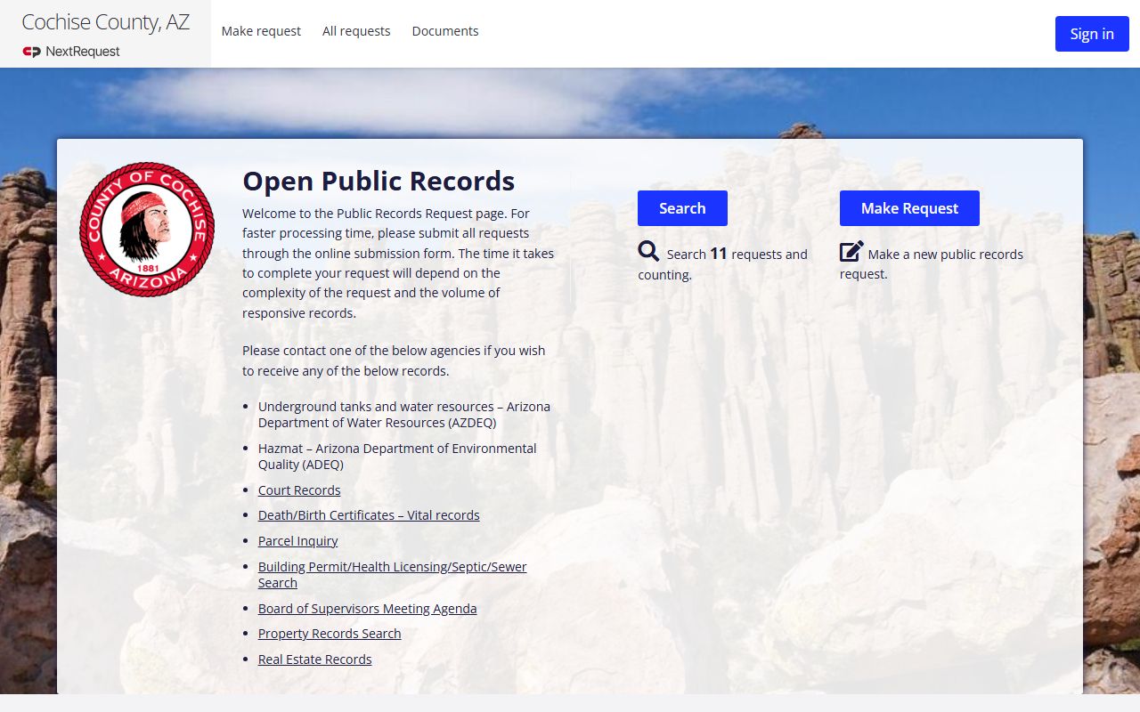 Cochise County NextRequest portal for booking records