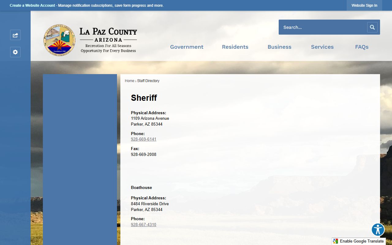 La Paz County Sheriff directory for booking information