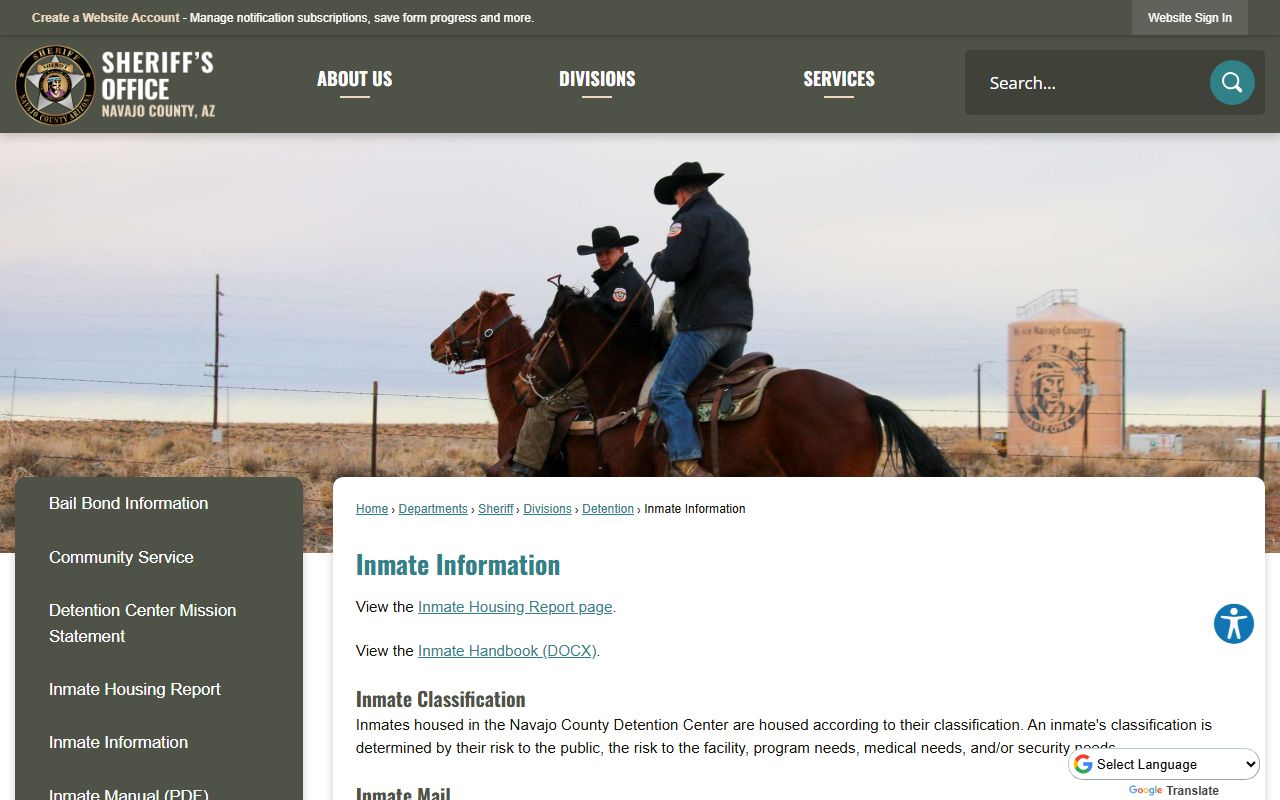 Navajo County inmate information page for 24 hour booking