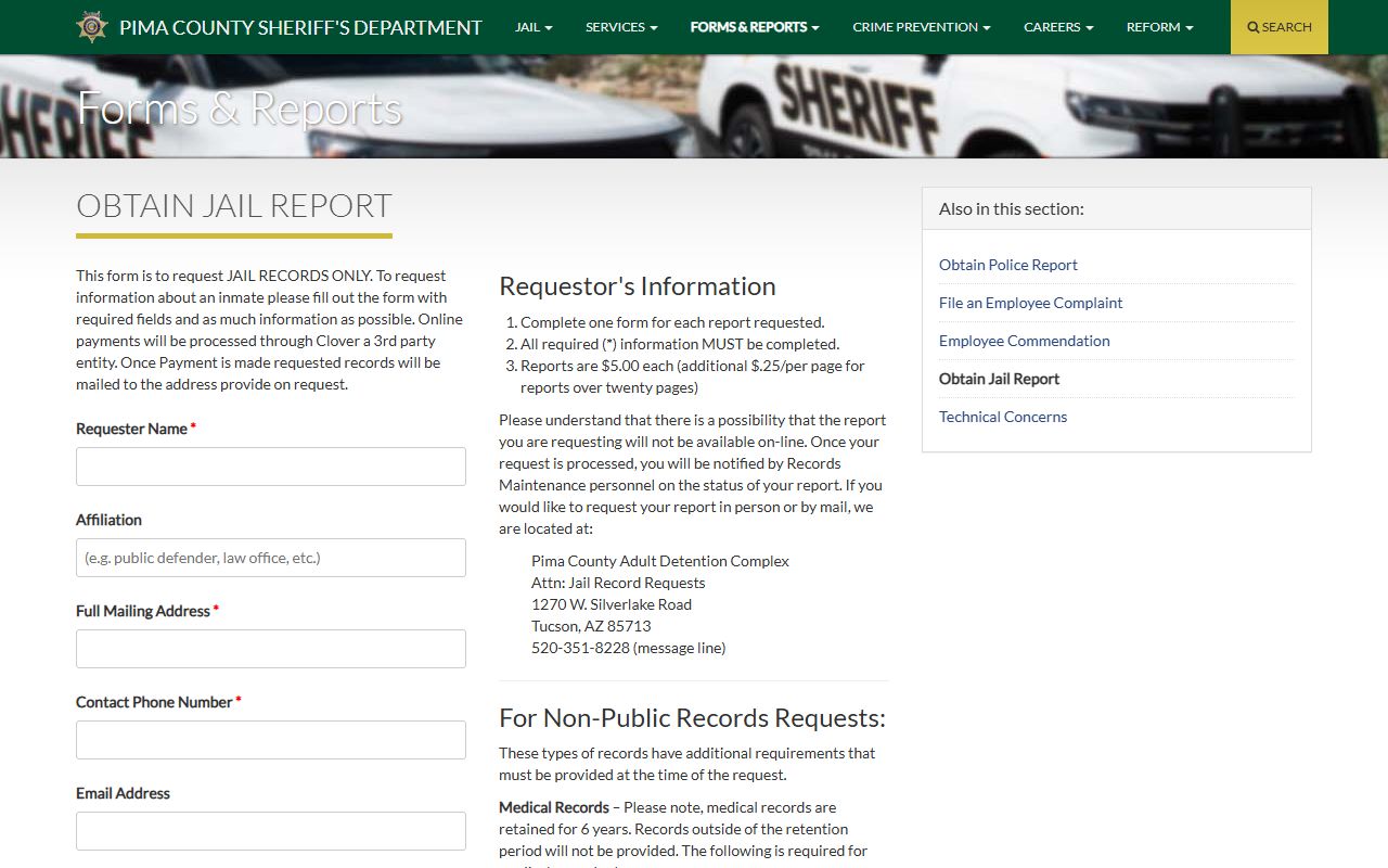 Pima County jail records request form for booking documents