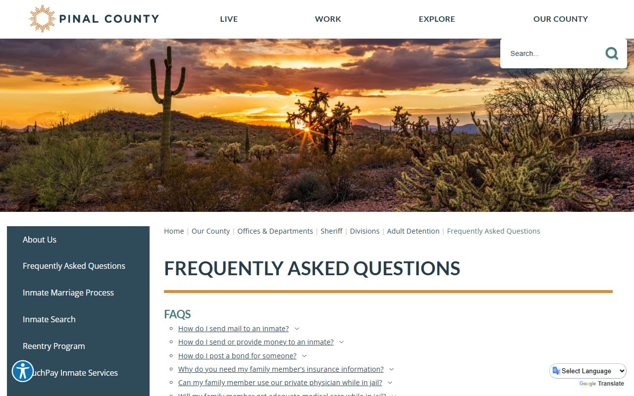Pinal County Sheriff FAQ page for booking information