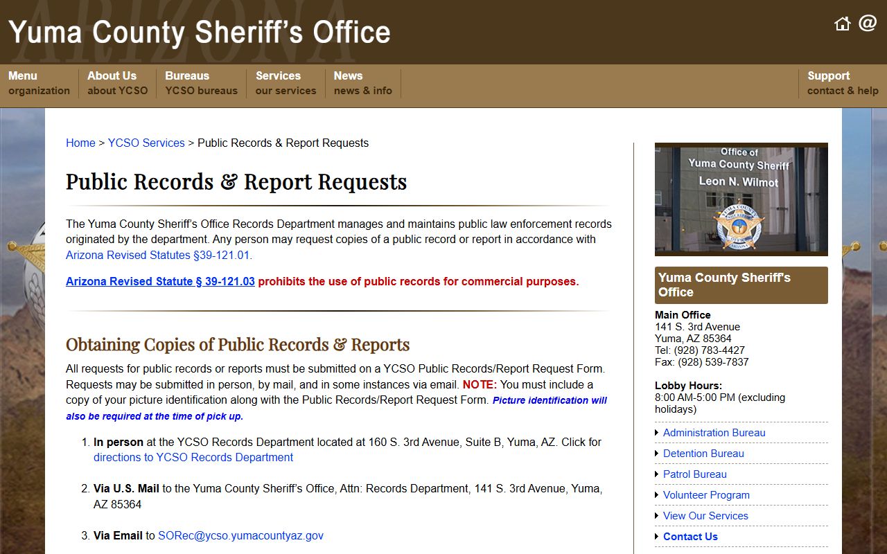 Yuma County Sheriff records and reports fee schedule