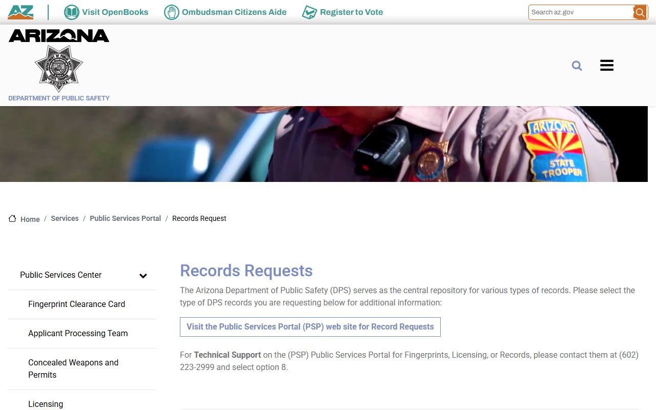 Arizona DPS records request page for 24 hour booking information