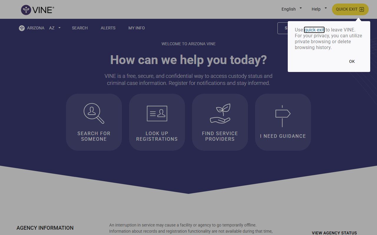 Arizona VINE victim notification system for booking status