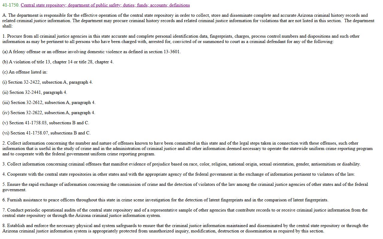 Arizona criminal records statute for booking information